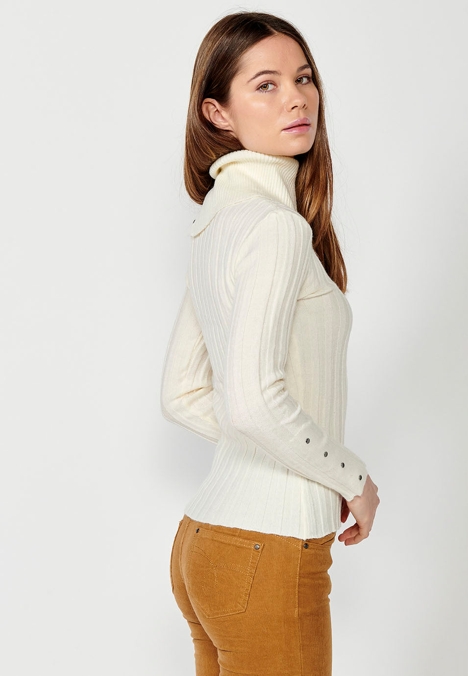 Jersey punto acanalado manga larga y cuello vuelto mujer