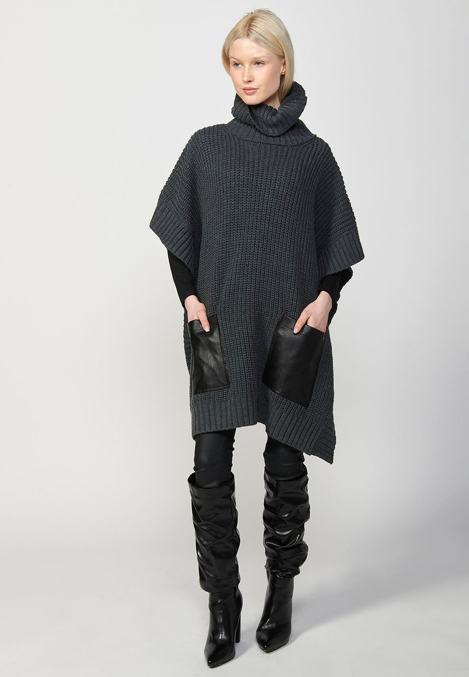 Jersey punto cuello alto tricot capa con bolsillos de plastrón delanteros mujer