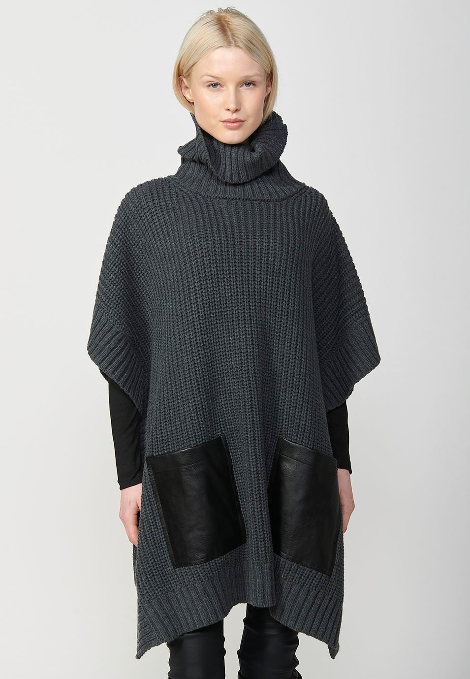 Jersey punto cuello alto tricot capa con bolsillos de plastrón delanteros mujer