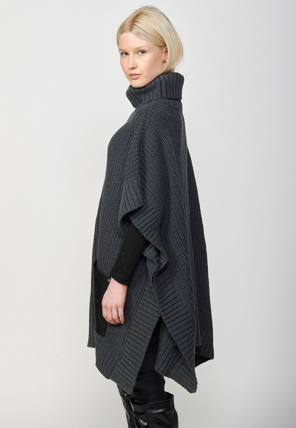 Jersey punto cuello alto tricot capa con bolsillos de plastrón delanteros mujer