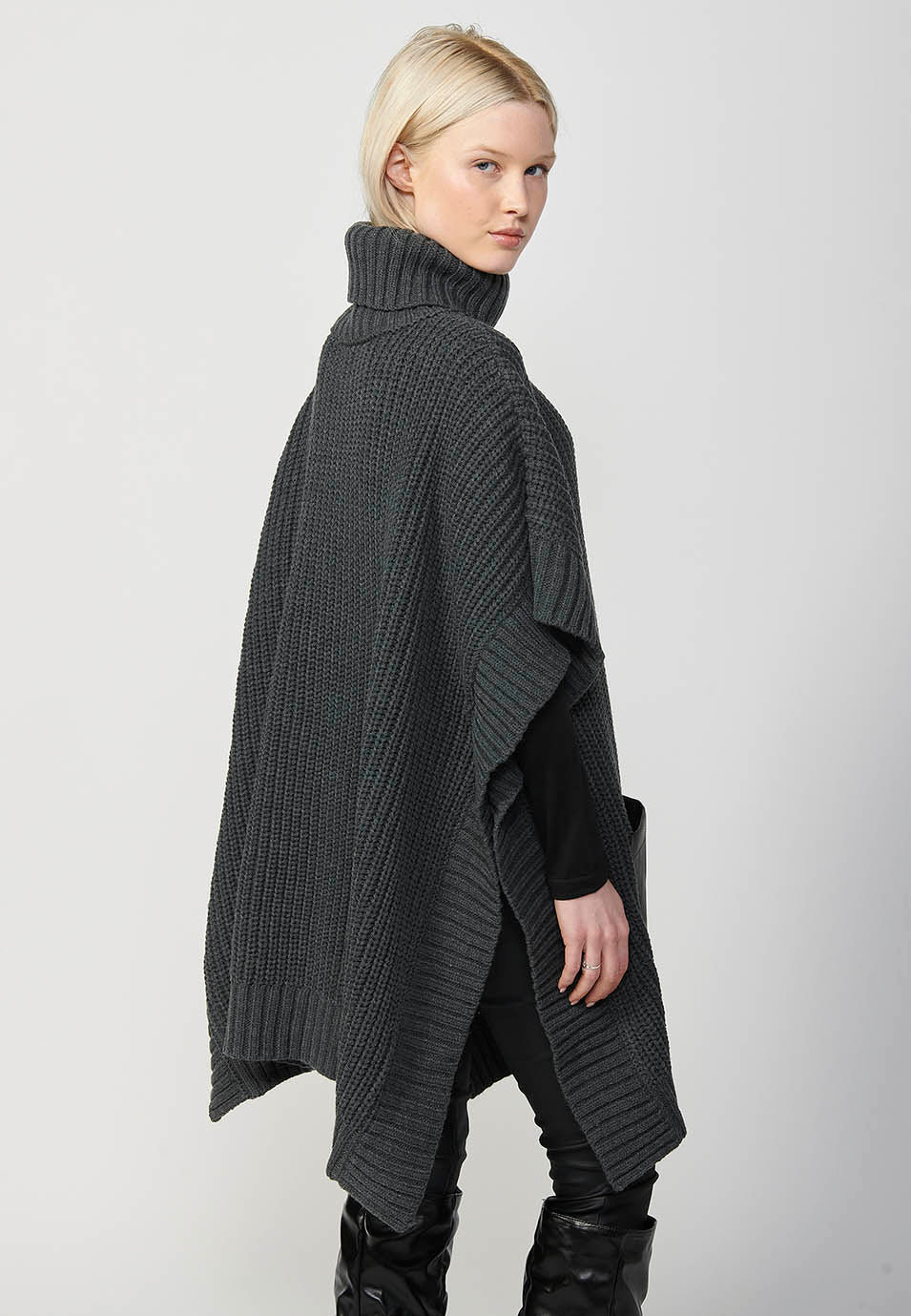 Jersey punto cuello alto tricot capa con bolsillos de plastrón delanteros mujer