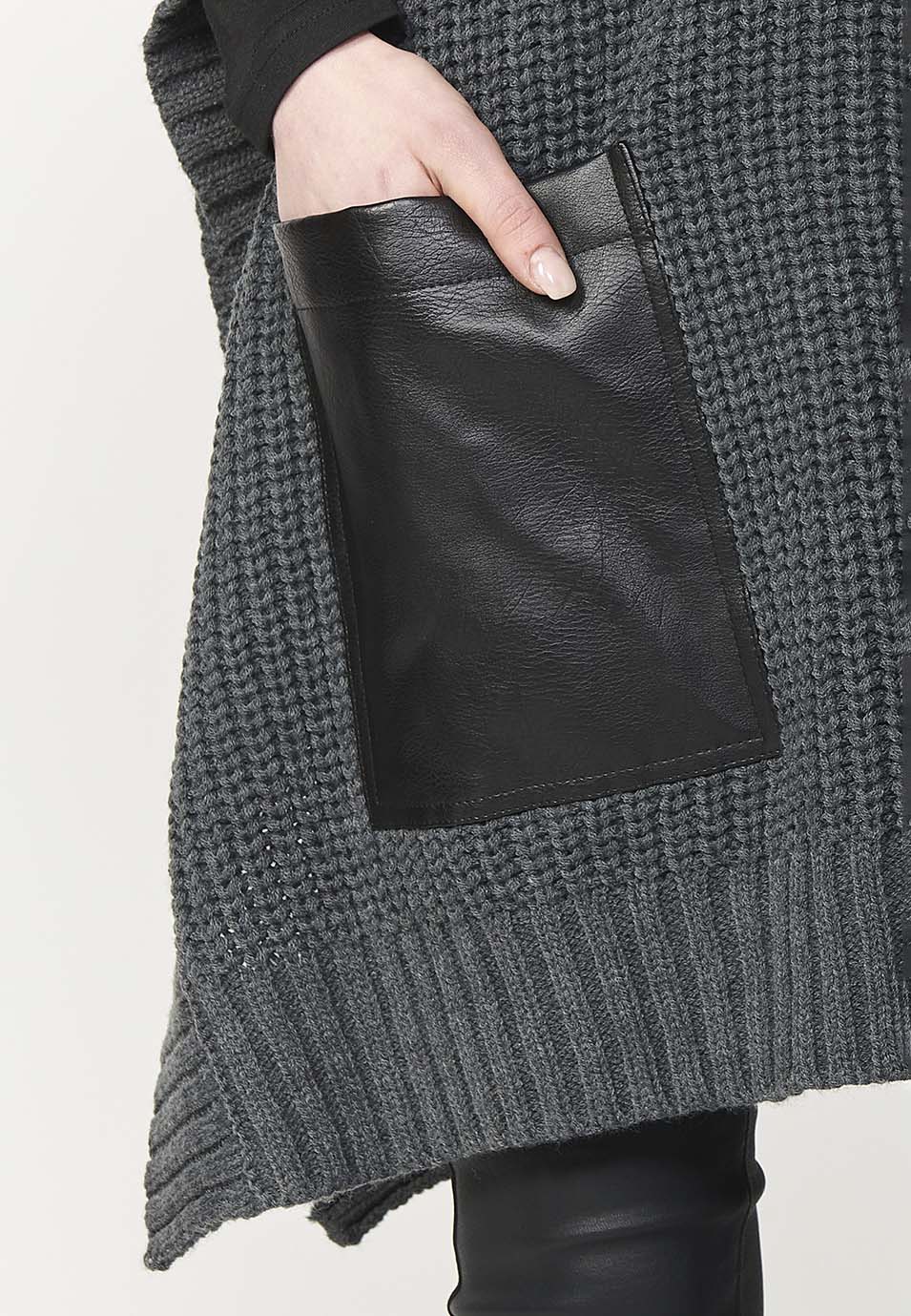 Jersey punto cuello alto tricot capa con bolsillos de plastrón delanteros mujer