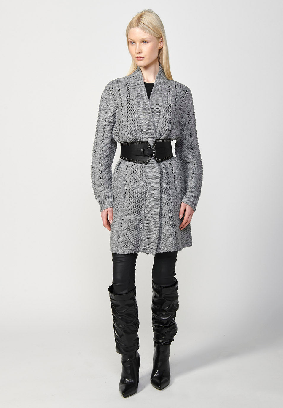 Chaqueta punto tricot punto flecos abertura delantera mujer