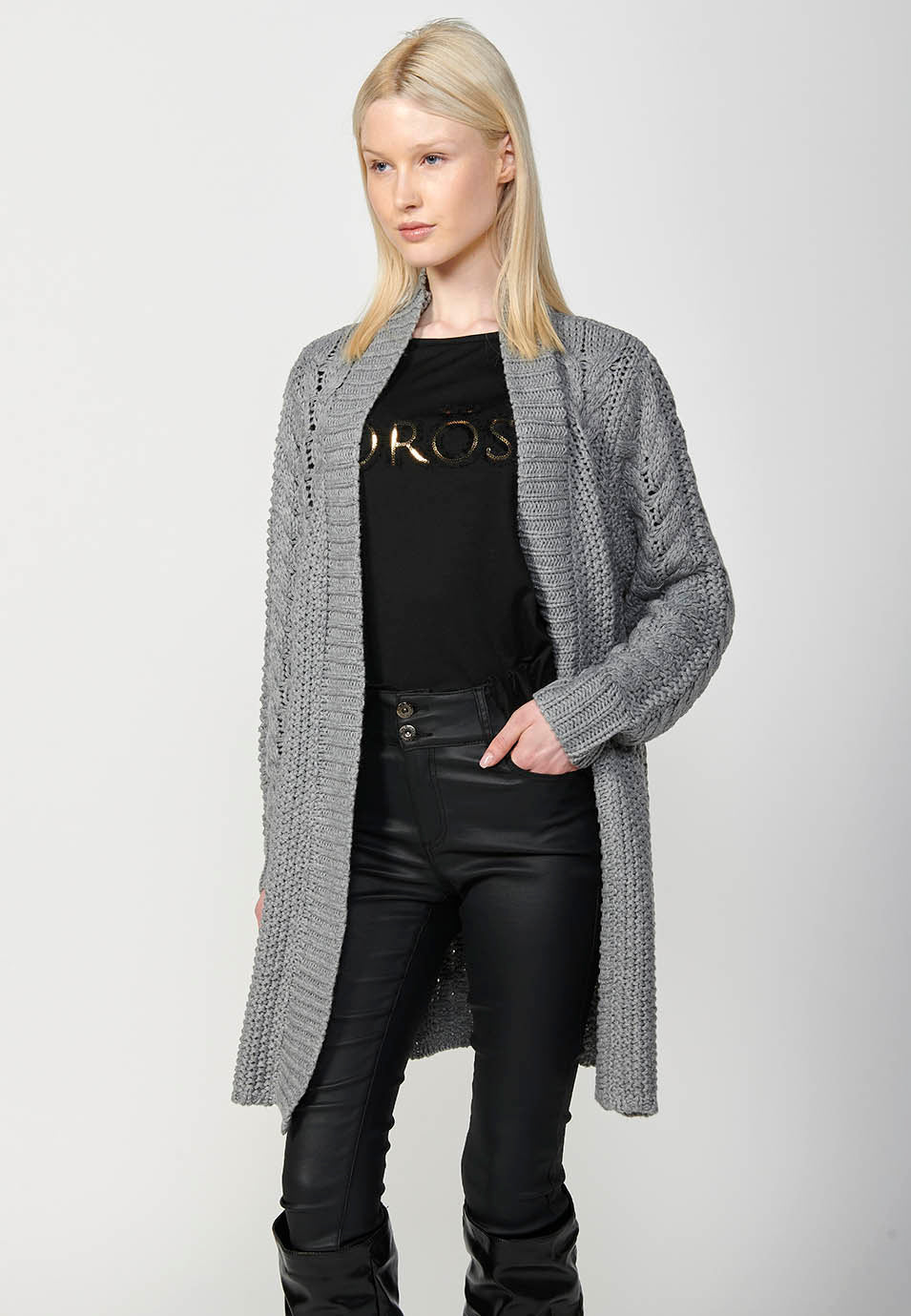 Chaqueta punto tricot punto flecos abertura delantera mujer