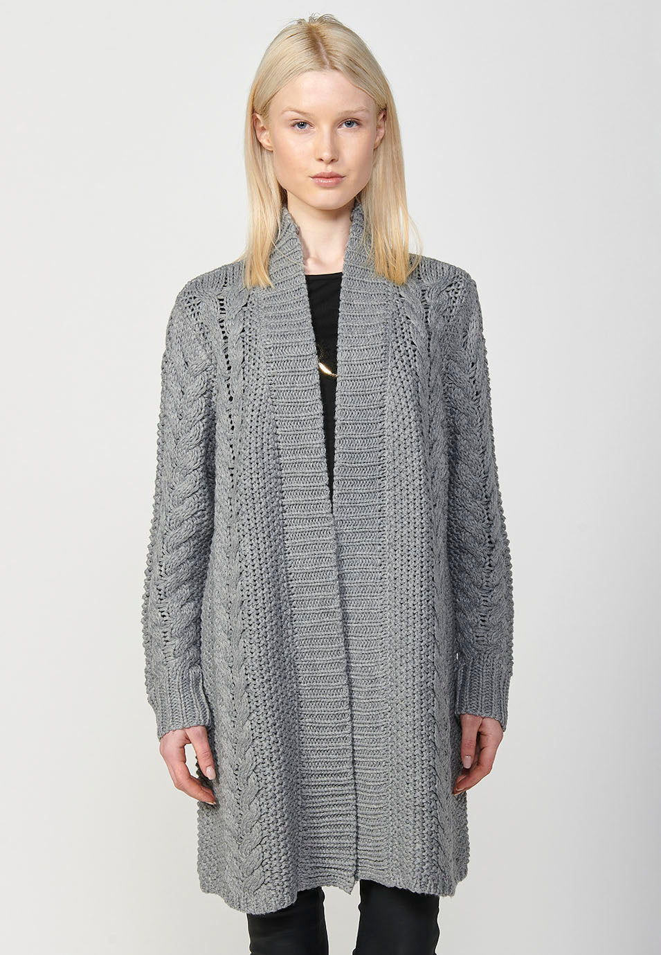 Chaqueta punto tricot punto flecos abertura delantera mujer