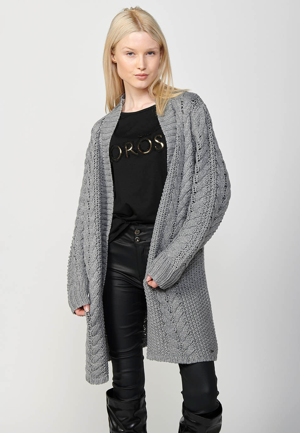 Chaqueta punto tricot punto flecos abertura delantera mujer