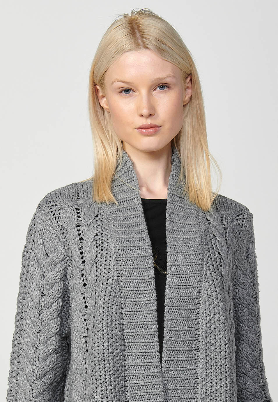Chaqueta punto tricot punto flecos abertura delantera mujer