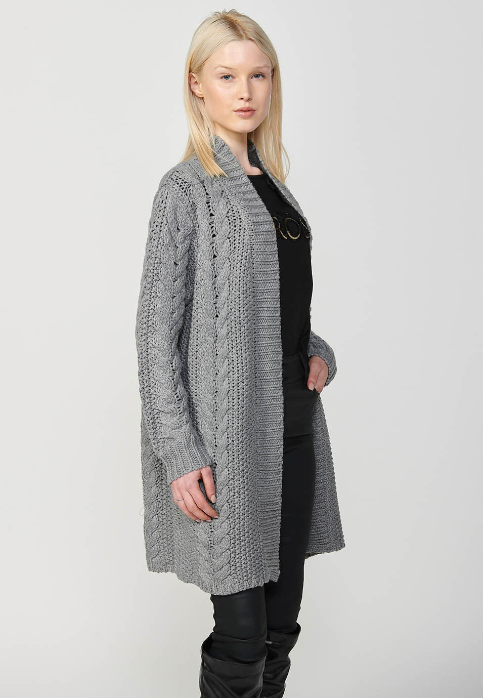 Chaqueta punto tricot punto flecos abertura delantera mujer
