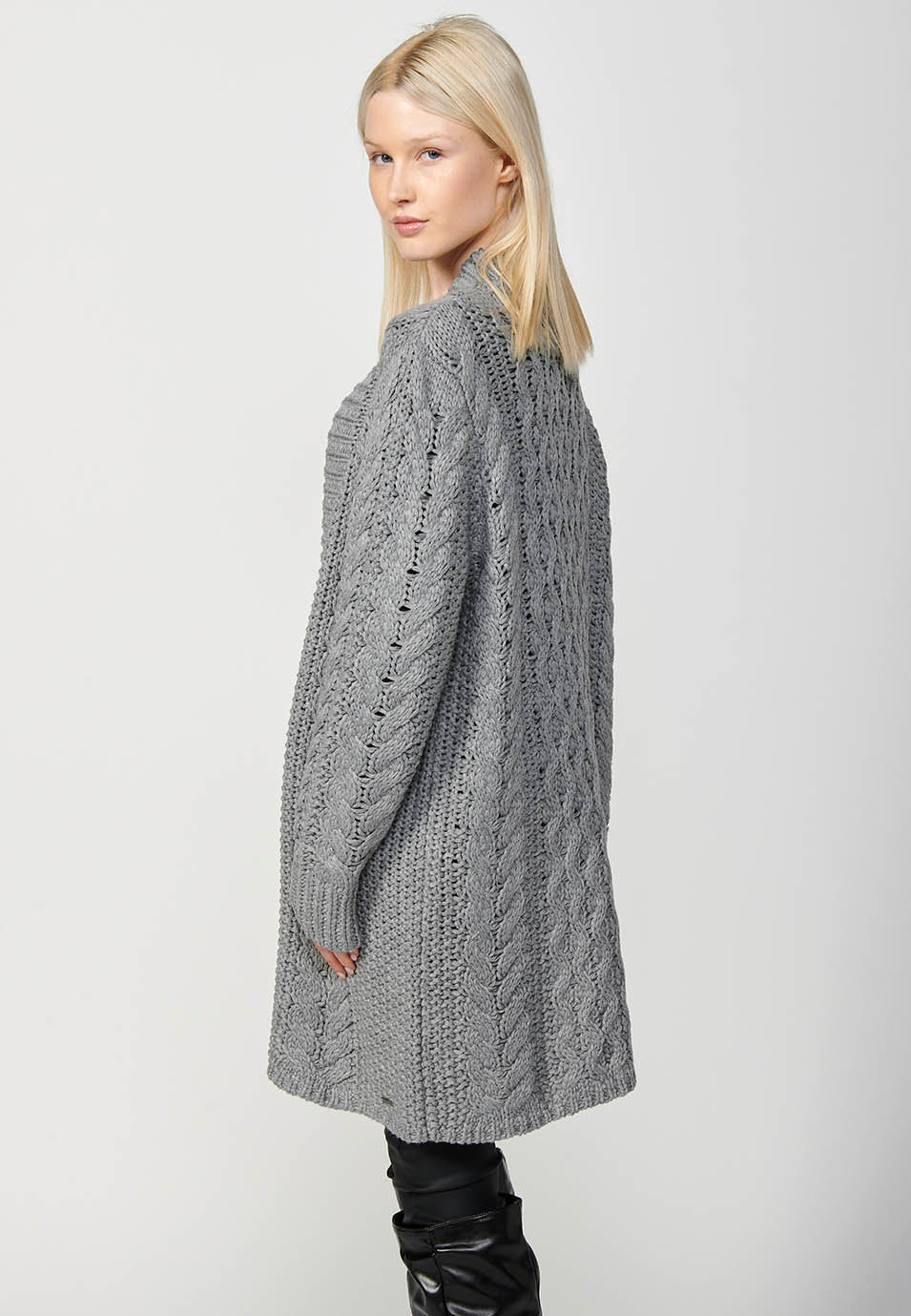 Chaqueta punto tricot punto flecos abertura delantera mujer