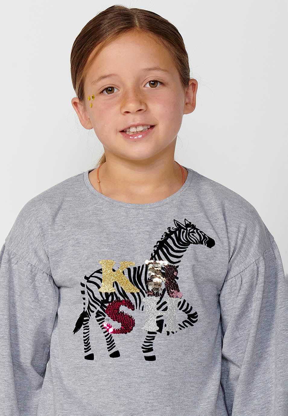Camiseta Niña Manga Larga Estampada – Koroshi Gris Vigoré