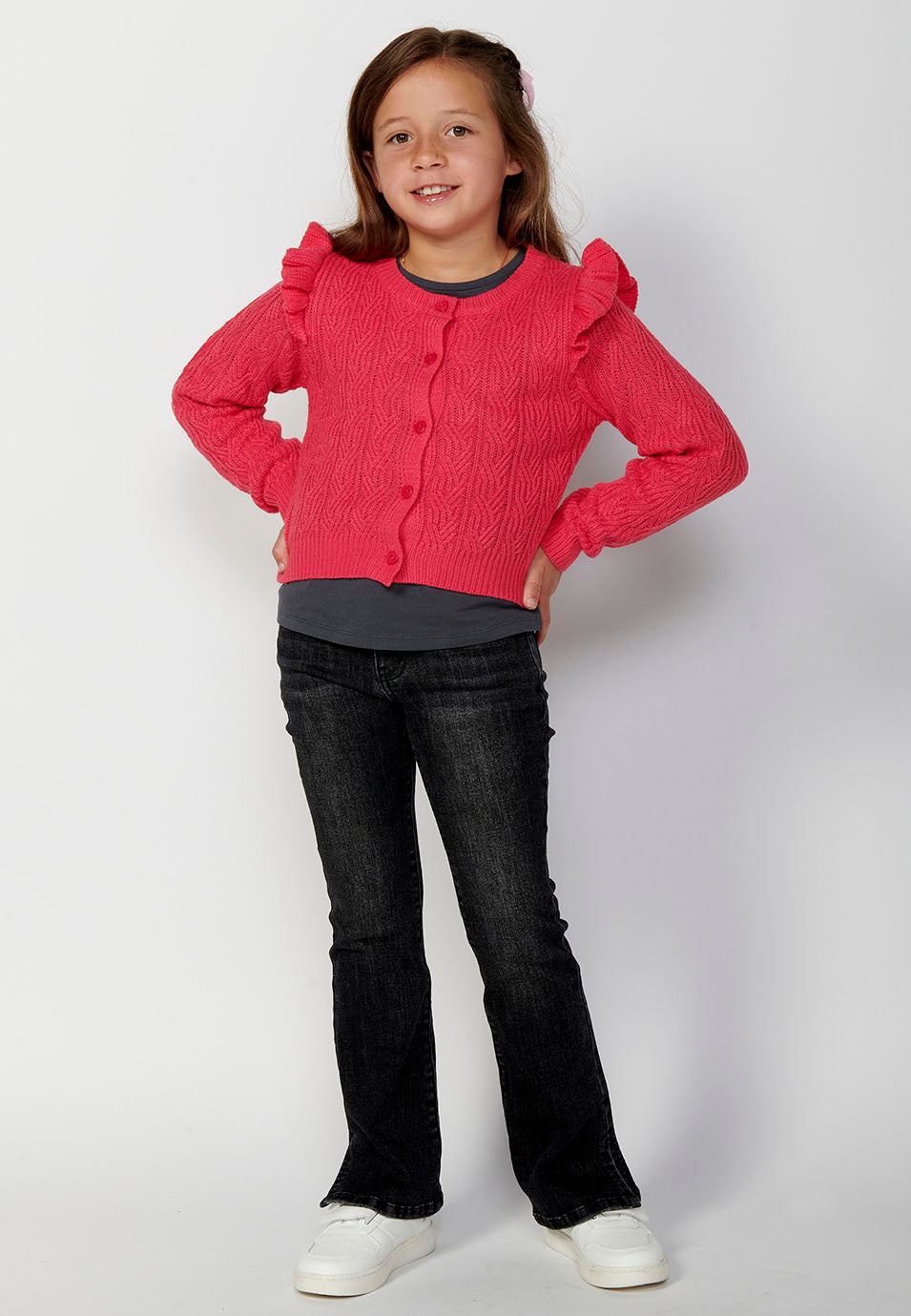 Chaqueta de Punto Niña Tricot Volantes – Koroshi Fucsia