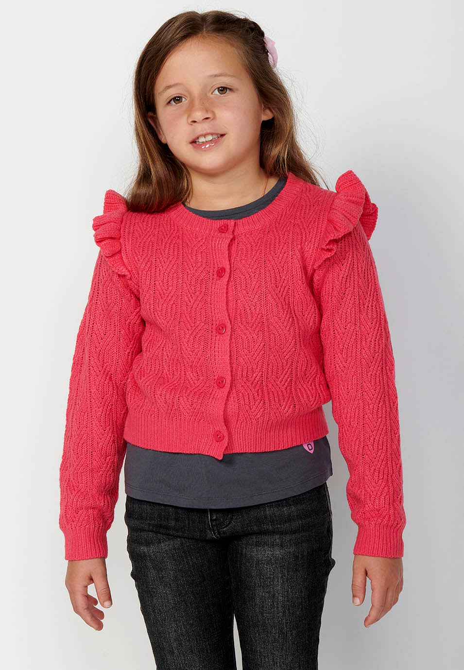 Chaqueta de Punto Niña Tricot Volantes – Koroshi Fucsia