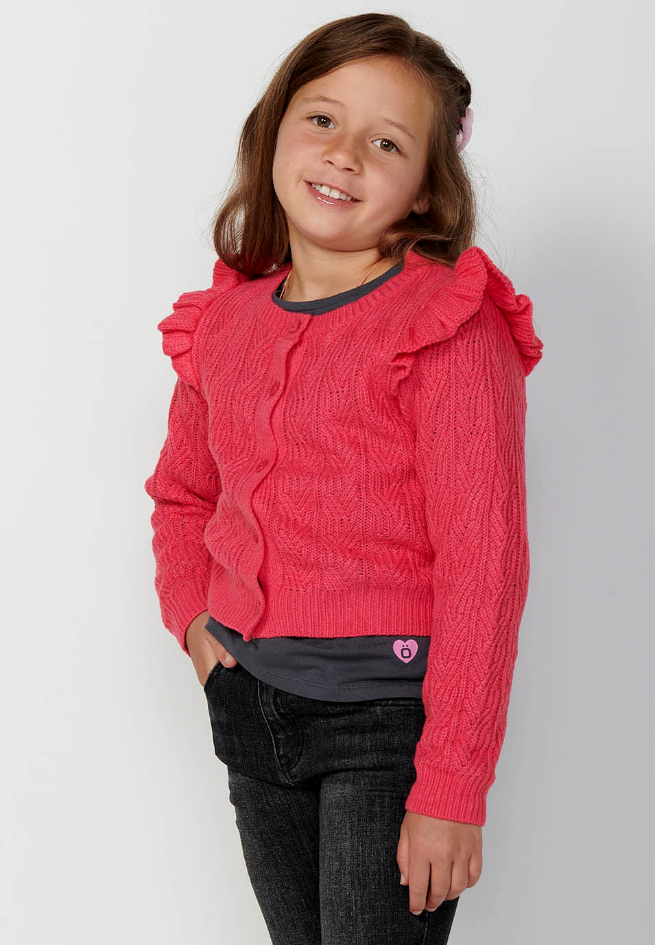 Chaqueta de Punto Niña Tricot Volantes – Koroshi Fucsia