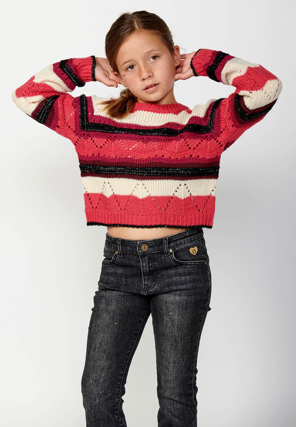 Jersey Niña Tricot Rayas Punto Calado – Koroshi Fucsia