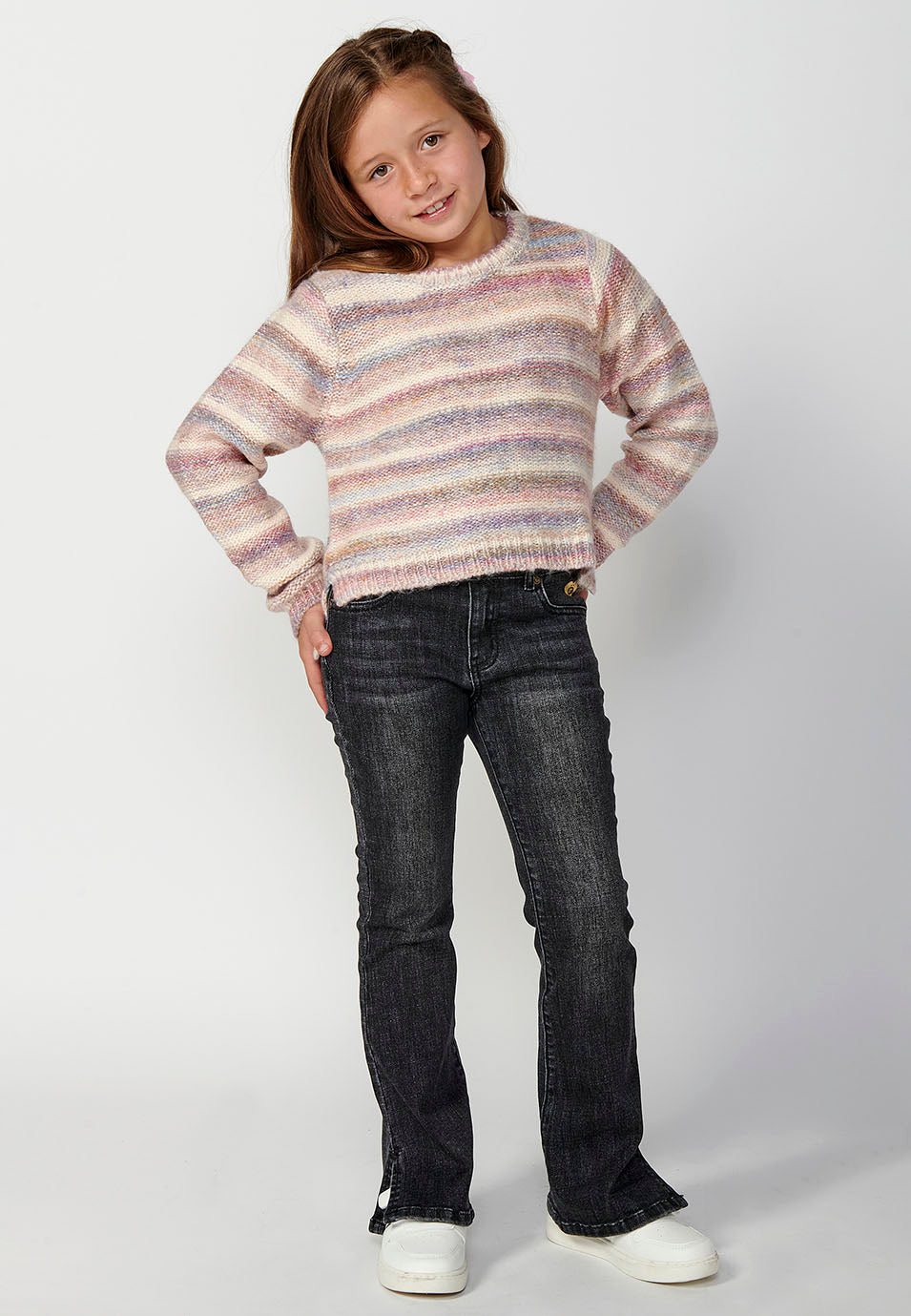 Jersey Niña Tricot Rayas Pastel Cuello Redondo – Koroshi Rosa