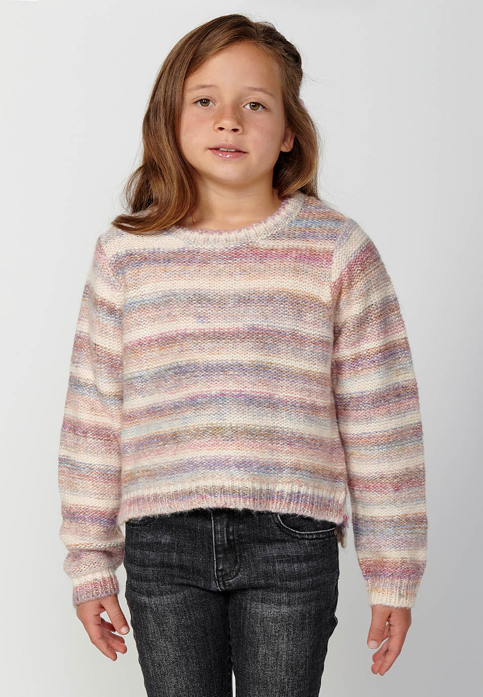 Jersey Niña Tricot Rayas Pastel Cuello Redondo – Koroshi Rosa