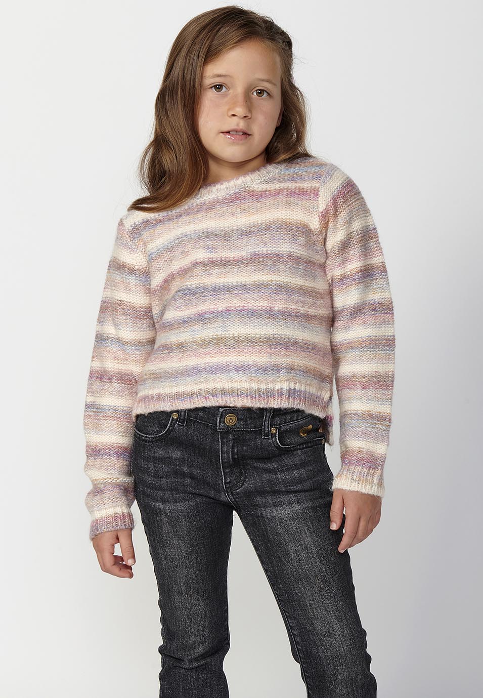 Jersey Niña Tricot Rayas Pastel Cuello Redondo – Koroshi Rosa