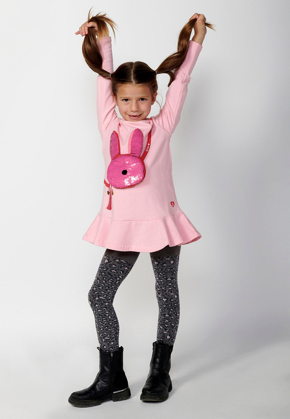 Vestido Niña Manga Larga Falda con Volante – Koroshi Rosa