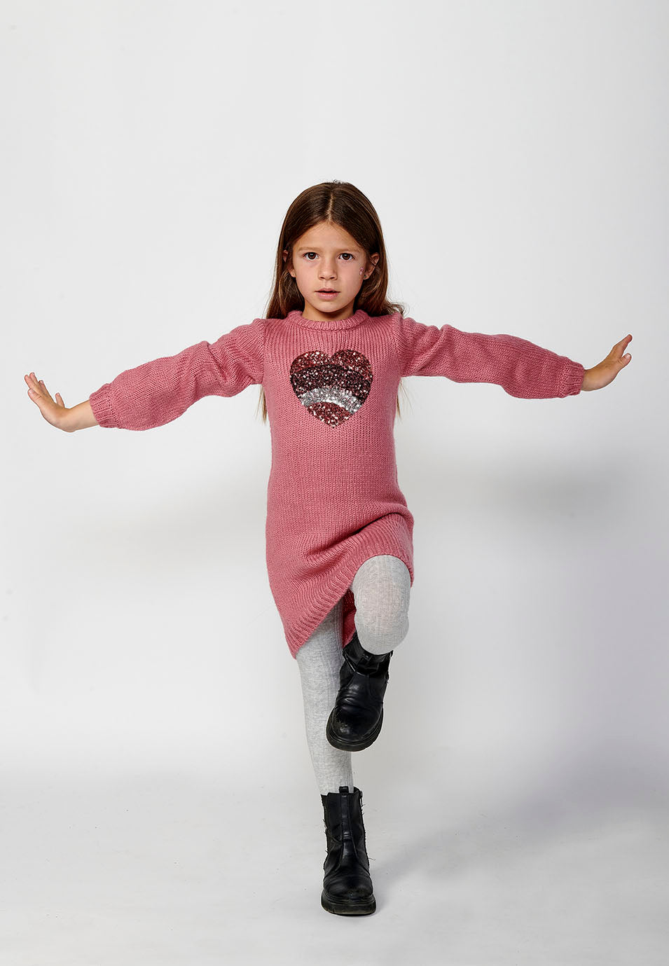 Vestido Niña Manga Larga Punto Corazón Lentejuelas – Koroshi Fucsia