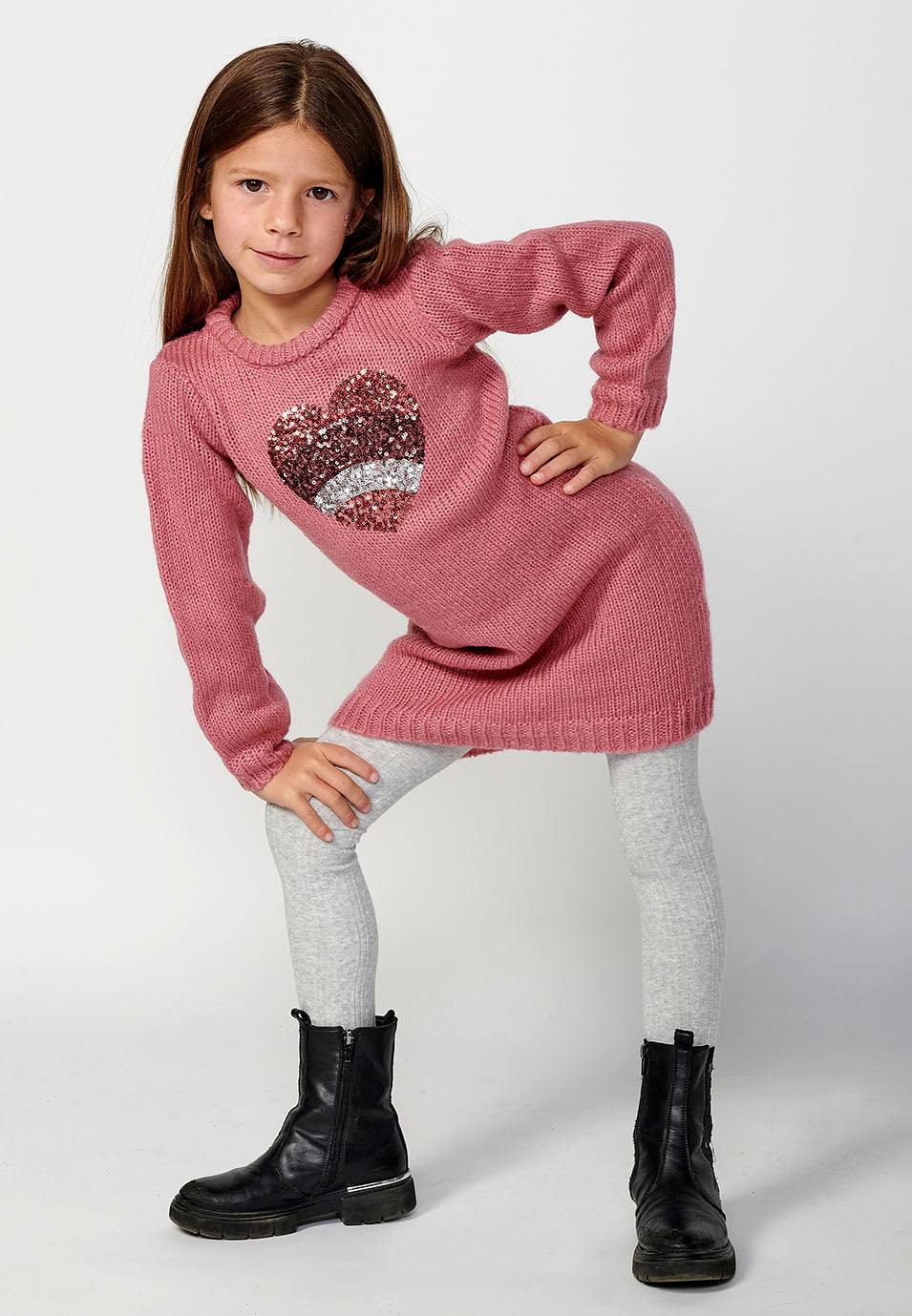 Vestido Niña Manga Larga Punto Corazón Lentejuelas – Koroshi Fucsia