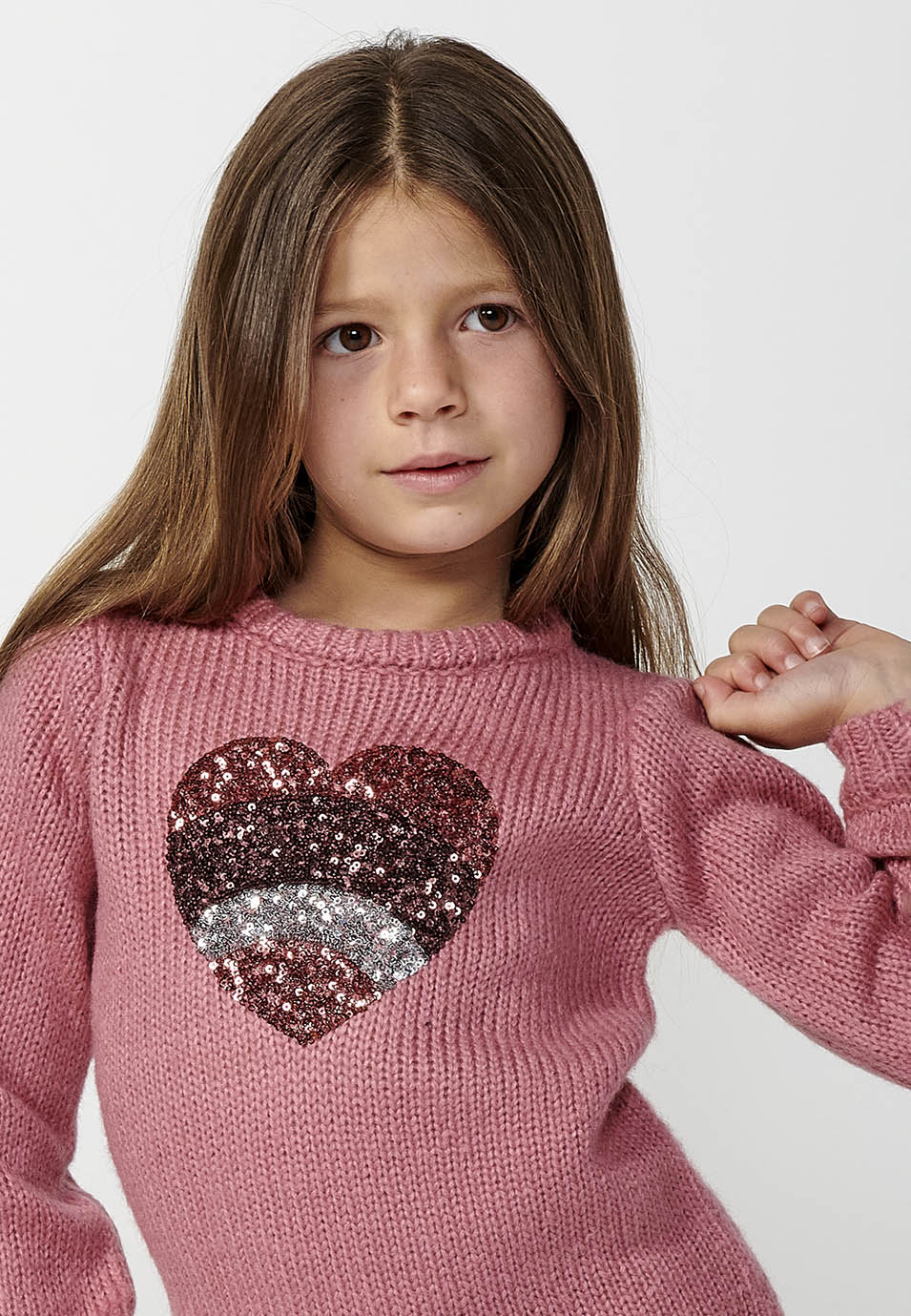 Vestido Niña Manga Larga Punto Corazón Lentejuelas – Koroshi Fucsia