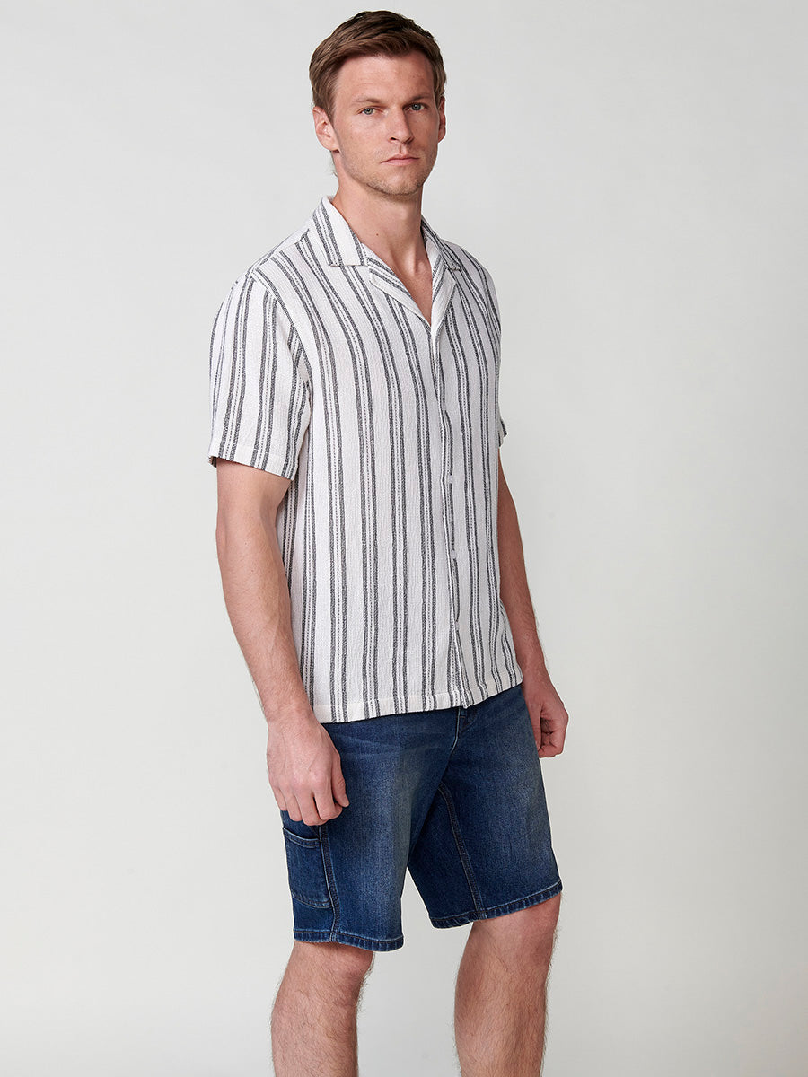 Camisa Hombre Manga Corta Rayas Verticales Algodón Crudo – Koroshi