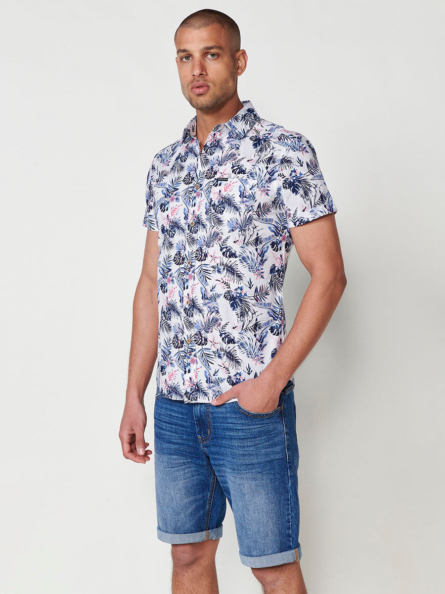 Camisa Hombre Manga Corta Estampado Tropical Algodón con Bolsillo – Koroshi 2511CC43