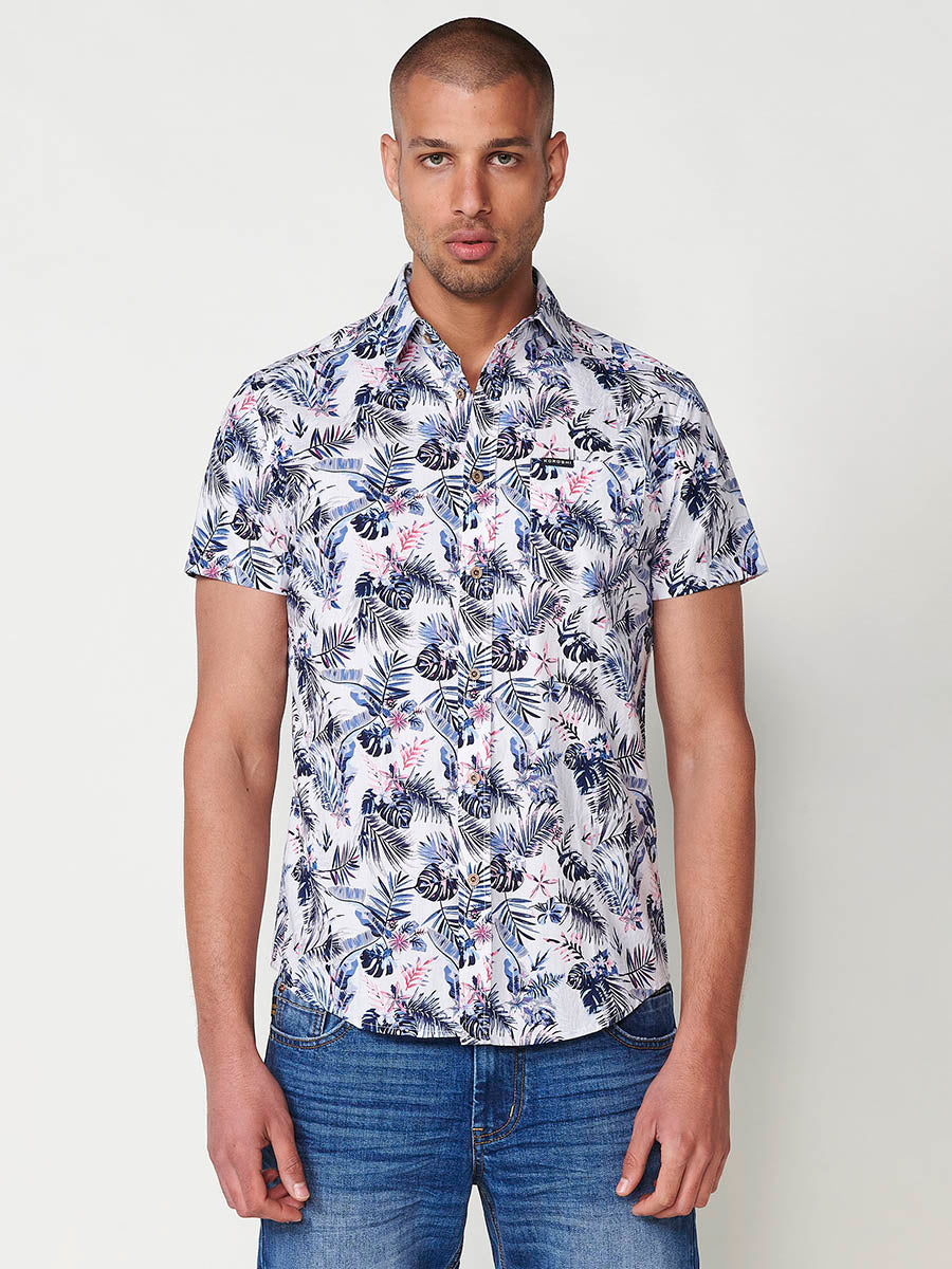 Camisa Hombre Manga Corta Estampado Tropical Algodón con Bolsillo – Koroshi 2511CC43