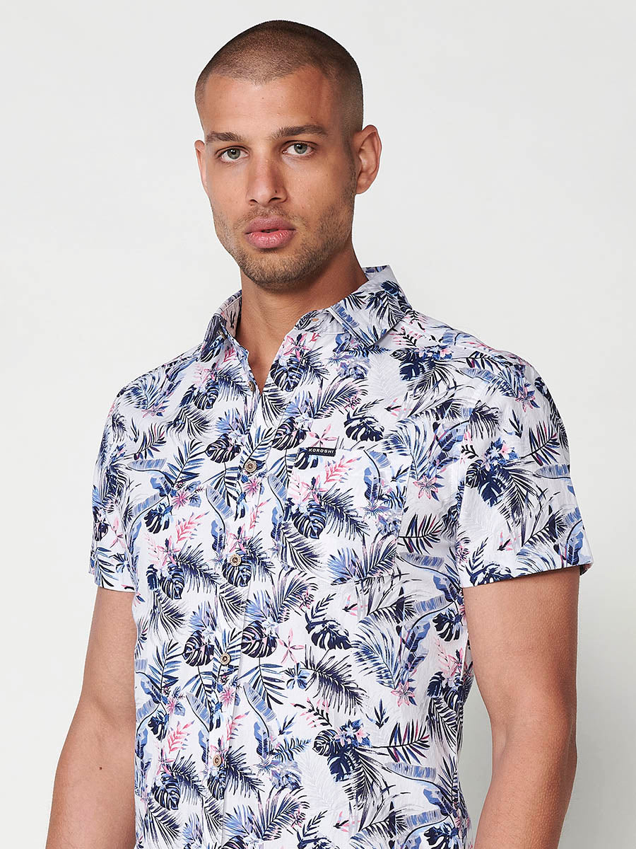 Camisa Hombre Manga Corta Estampado Tropical Algodón con Bolsillo – Koroshi 2511CC43