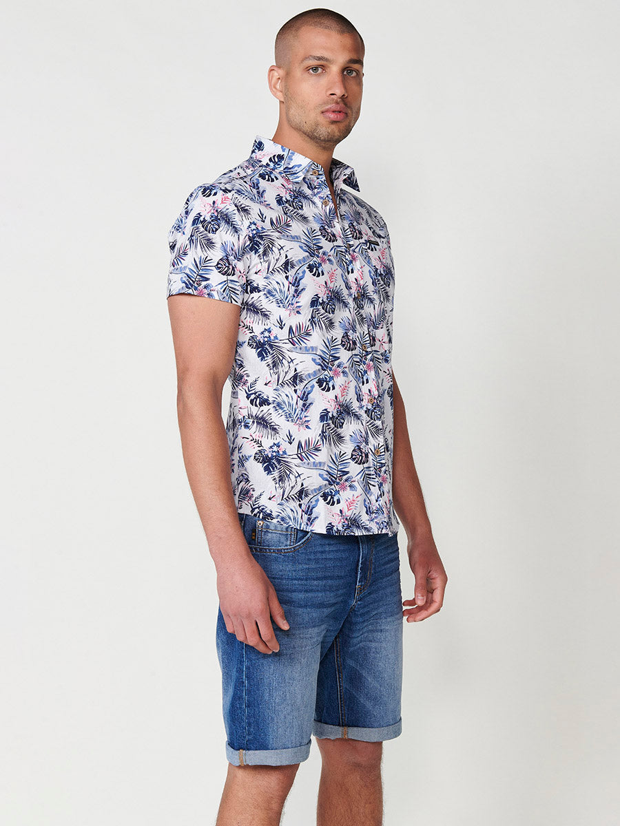 Camisa Hombre Manga Corta Estampado Tropical Algodón con Bolsillo – Koroshi 2511CC43