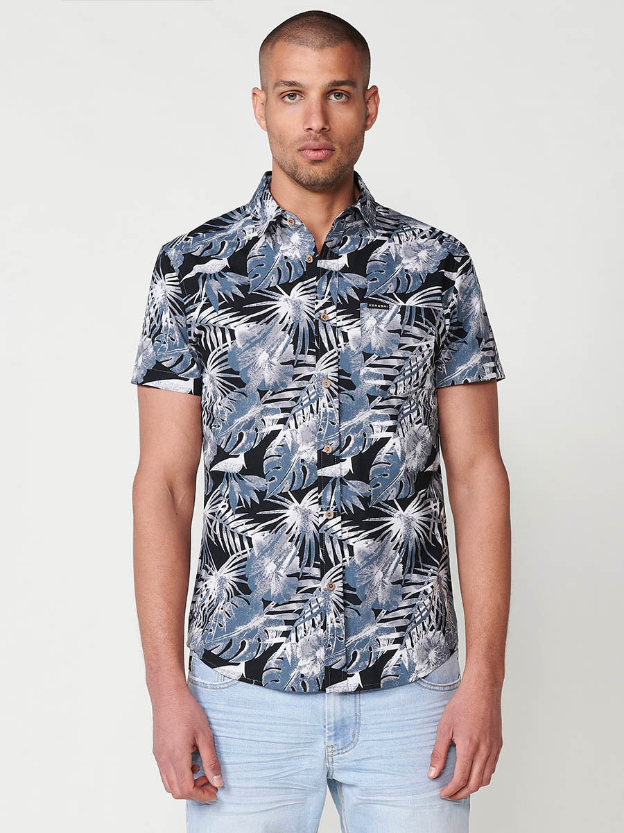 Camisa Hombre Manga Corta Estampado Tropical Algodón con Bolsillo – Koroshi 2511CC43