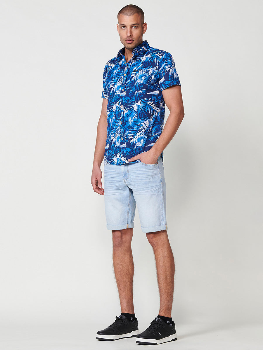 Camisa Hombre Manga Corta Estampado Tropical Algodón con Bolsillo – Koroshi 2511CC43