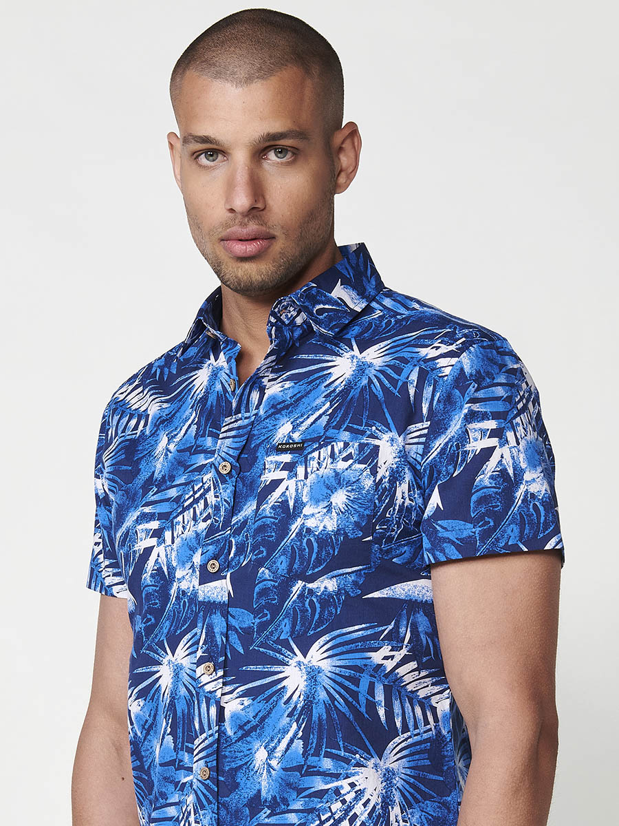 Camisa Hombre Manga Corta Estampado Tropical Algodón con Bolsillo – Koroshi 2511CC43