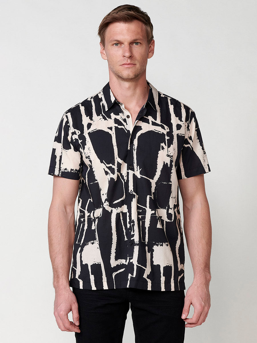 Camisa Hombre Manga Corta Estampada Relaxed Lyocell Algodón Negra – Koroshi