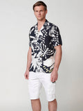 Camisa Hombre Manga Corta Estampado Abstracto Cuello Cubano Negra – Koroshi