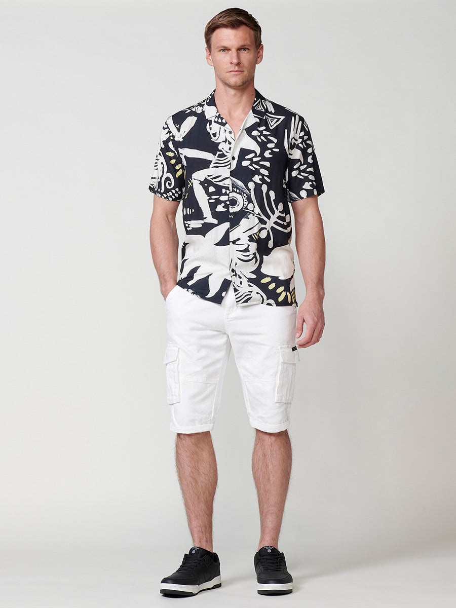 Camisa Hombre Manga Corta Estampado Abstracto Cuello Cubano Negra – Koroshi