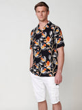 Camisa Hombre Manga Corta Estampado Floral Cuello Cubano Negra – Koroshi