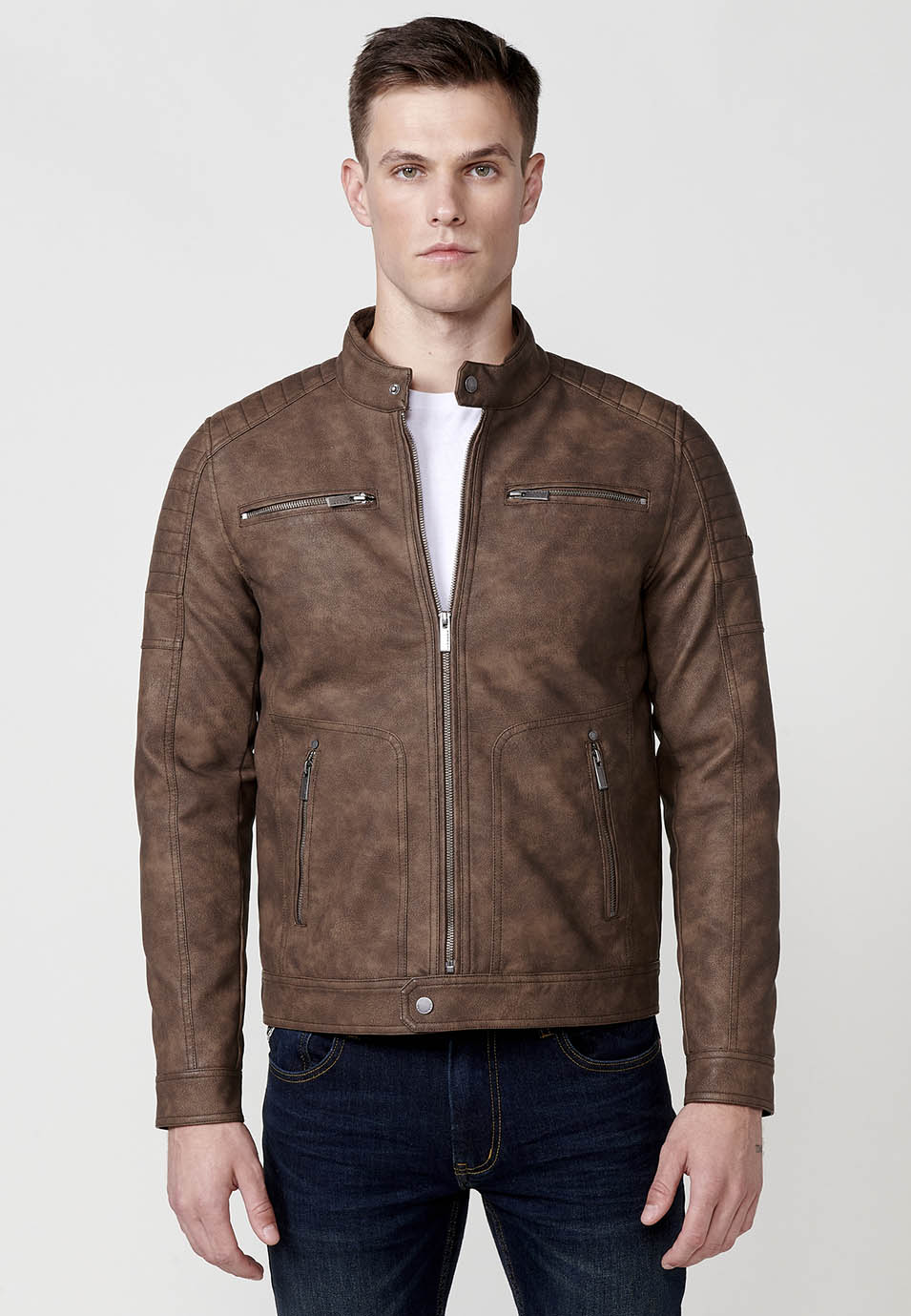 Cazadora Biker Efecto Piel Cuello Alto Hombre – Koroshi Marrón