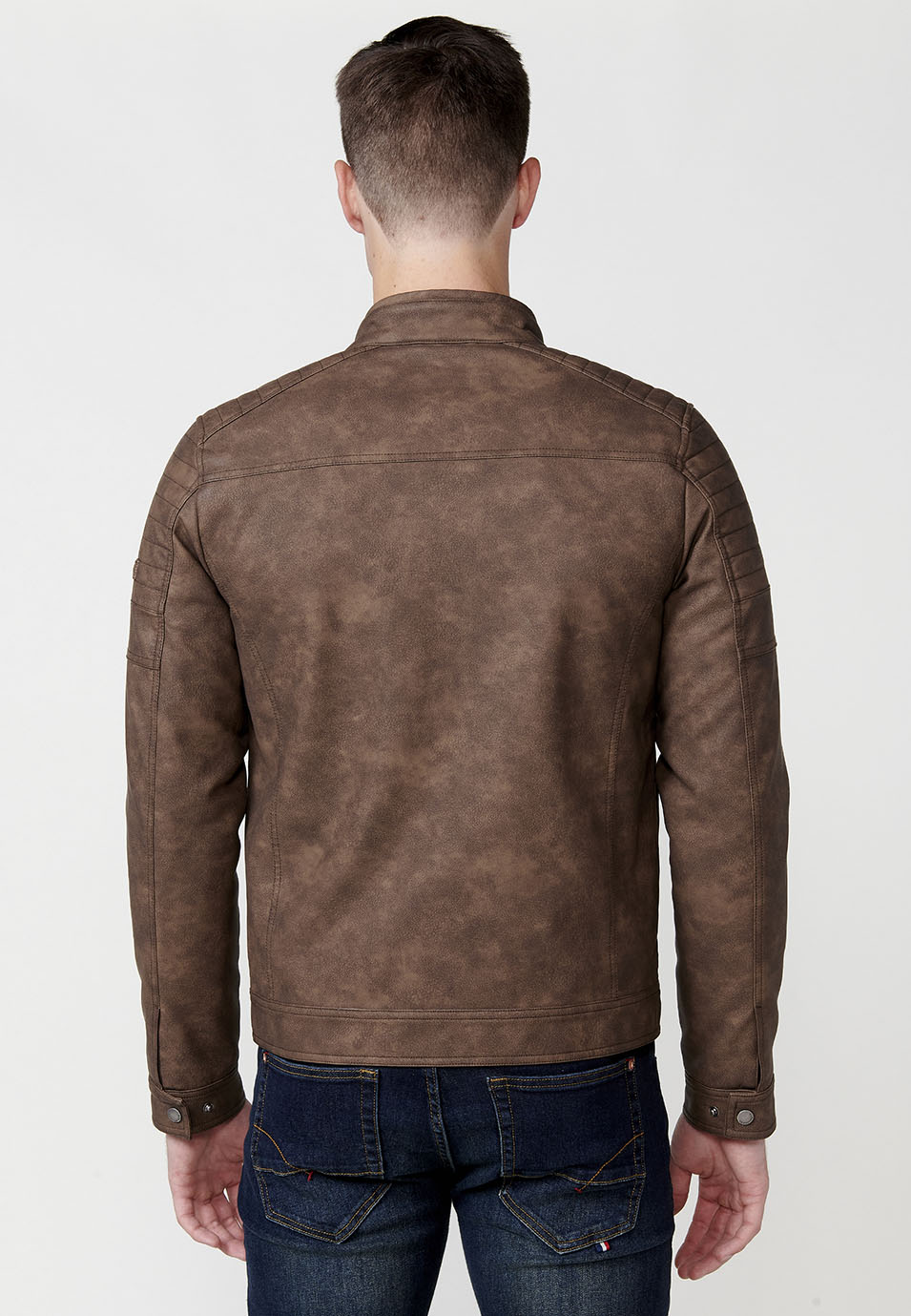 Cazadora Biker Efecto Piel Cuello Alto Hombre – Koroshi Marrón