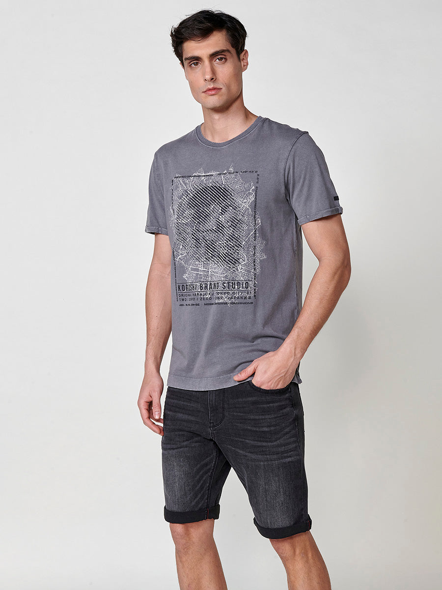 Camiseta Hombre Manga Corta Estampada Cuello Redondo – Koroshi Gris