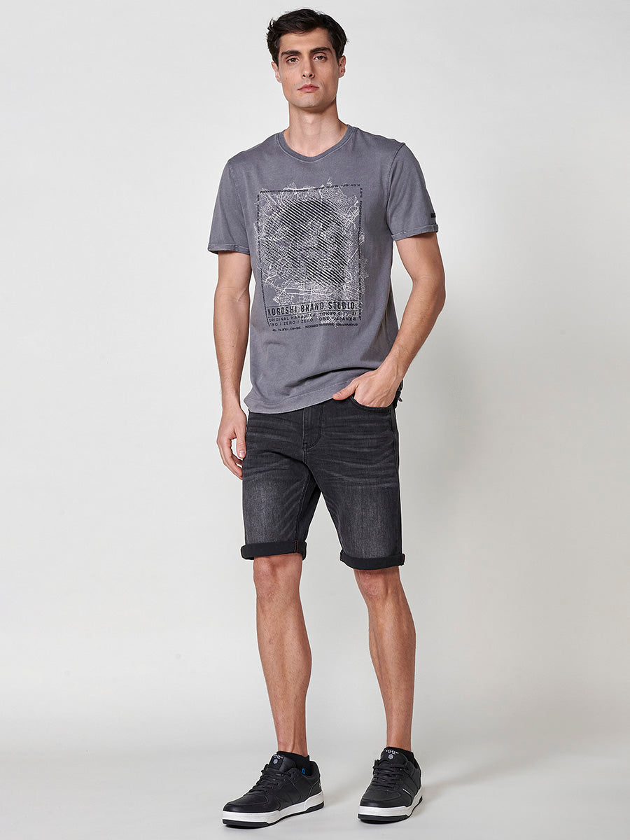 Camiseta Hombre Manga Corta Estampada Cuello Redondo – Koroshi Gris
