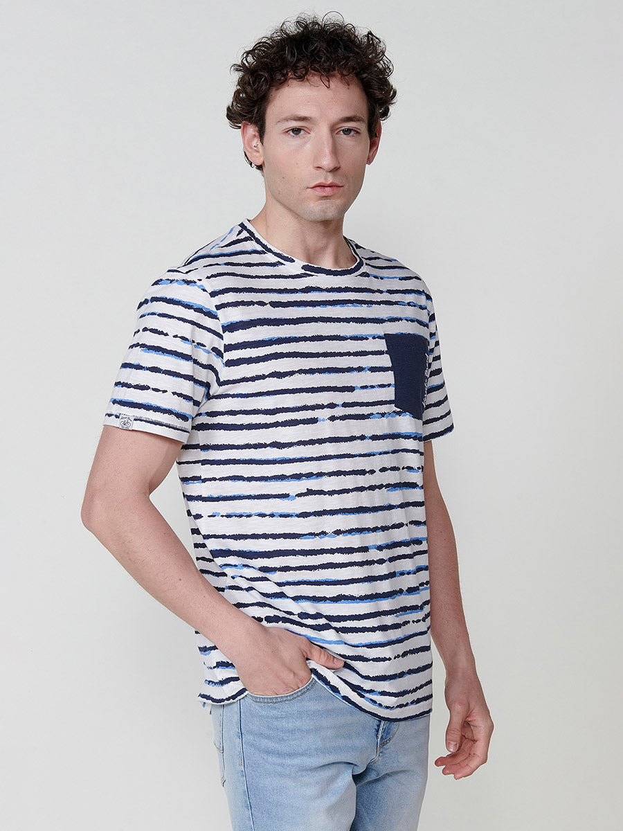 Camiseta Hombre Manga Corta Rayas Bolsillo Blanca – Koroshi