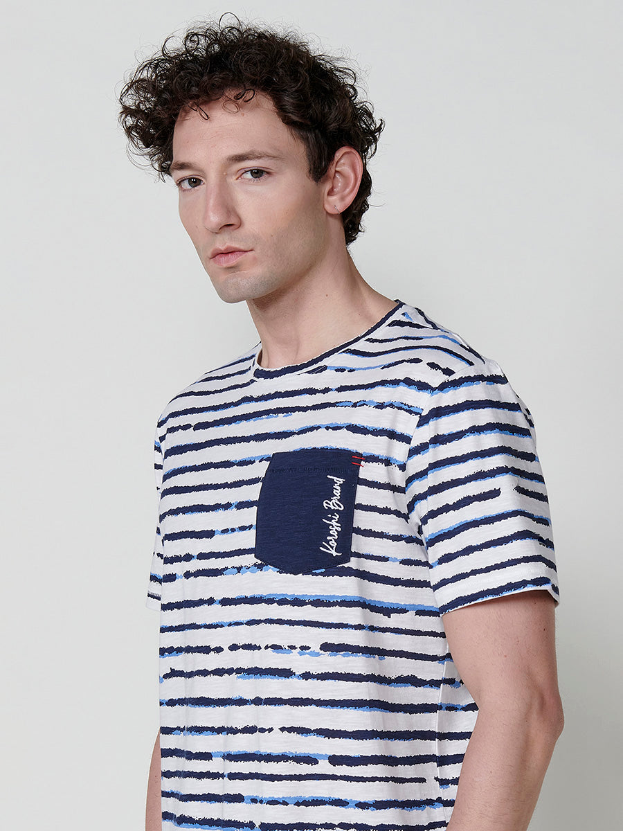Camiseta Hombre Manga Corta Rayas Bolsillo Blanca – Koroshi