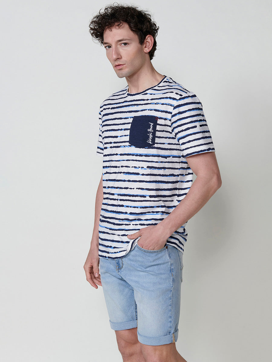 Camiseta Hombre Manga Corta Rayas Bolsillo Blanca – Koroshi