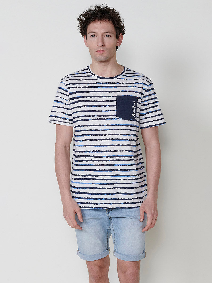 Camiseta Hombre Manga Corta Rayas Bolsillo Blanca – Koroshi