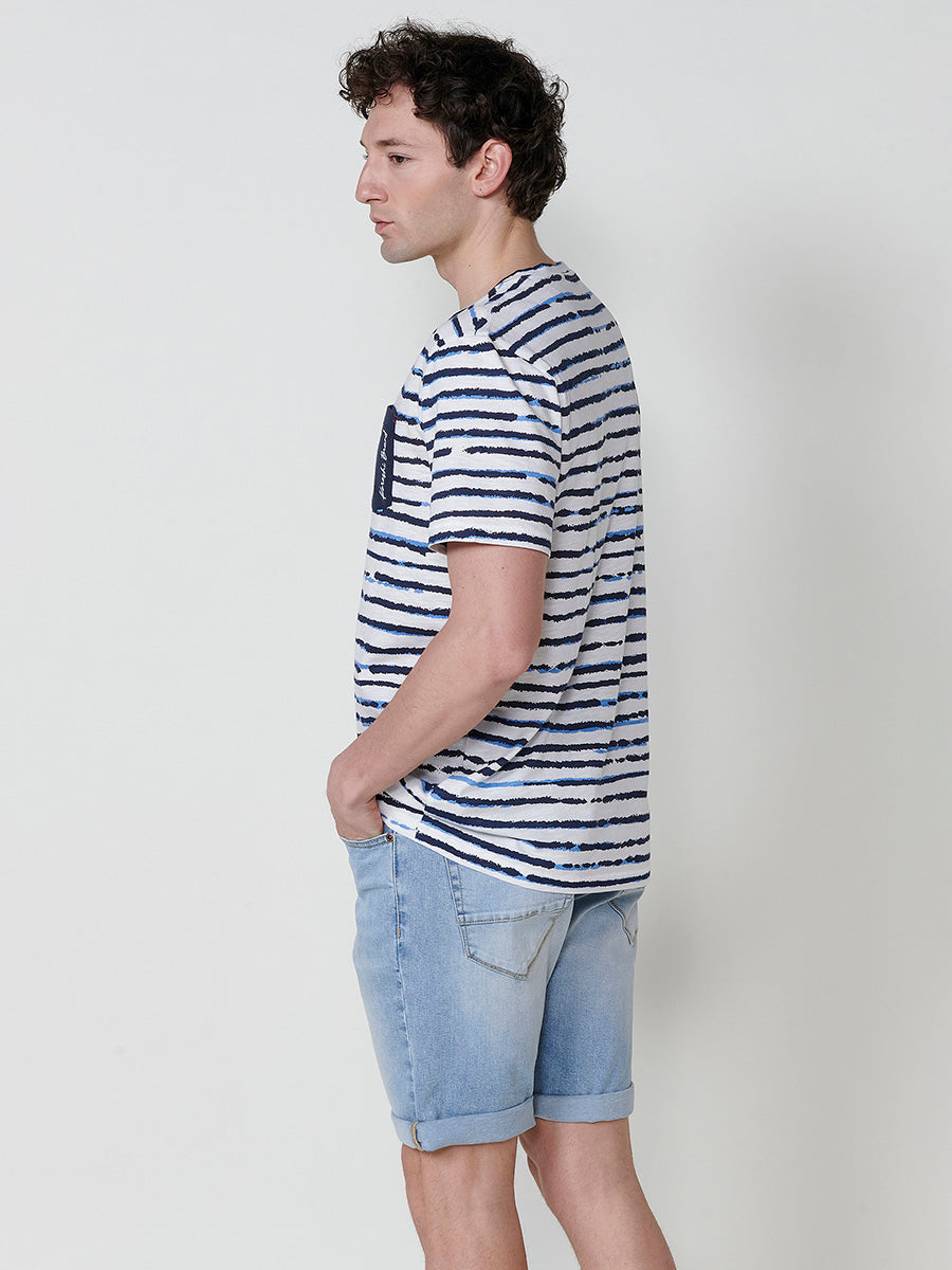 Camiseta Hombre Manga Corta Rayas Bolsillo Blanca – Koroshi