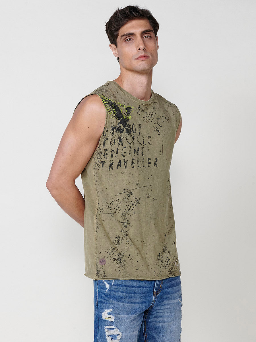 Camiseta Hombre Sin Mangas Boxing Estampado Delantero y Espalda – Koroshi Kaki