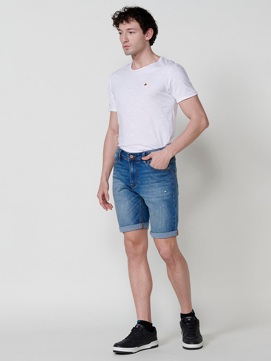 Bermuda Vaquera Hombre Regular Efecto Lavado Rotos – Koroshi Azul Claro