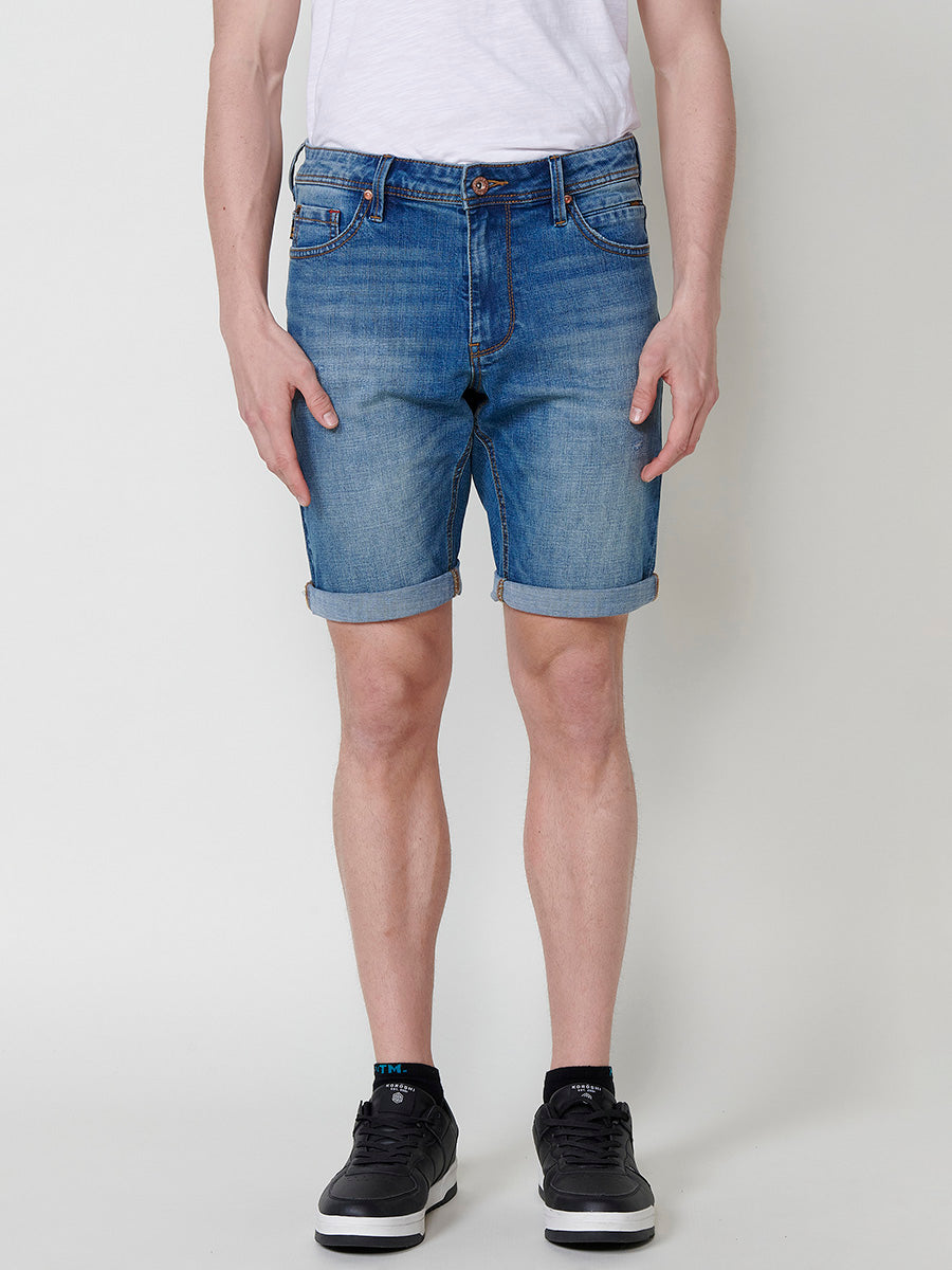 Bermuda Vaquera Hombre Regular Efecto Lavado Rotos – Koroshi Azul Claro