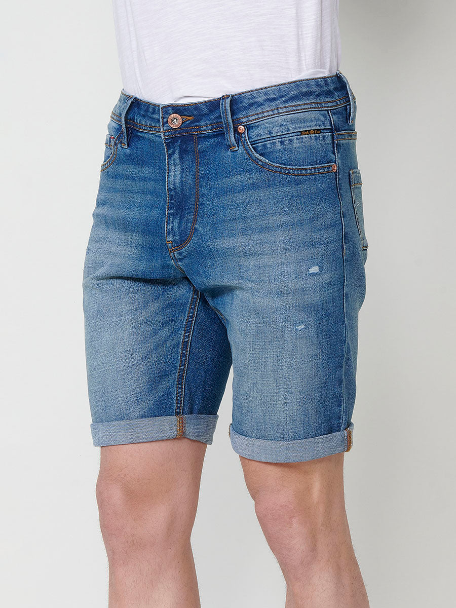 Bermuda Vaquera Hombre Regular Efecto Lavado Rotos – Koroshi Azul Claro